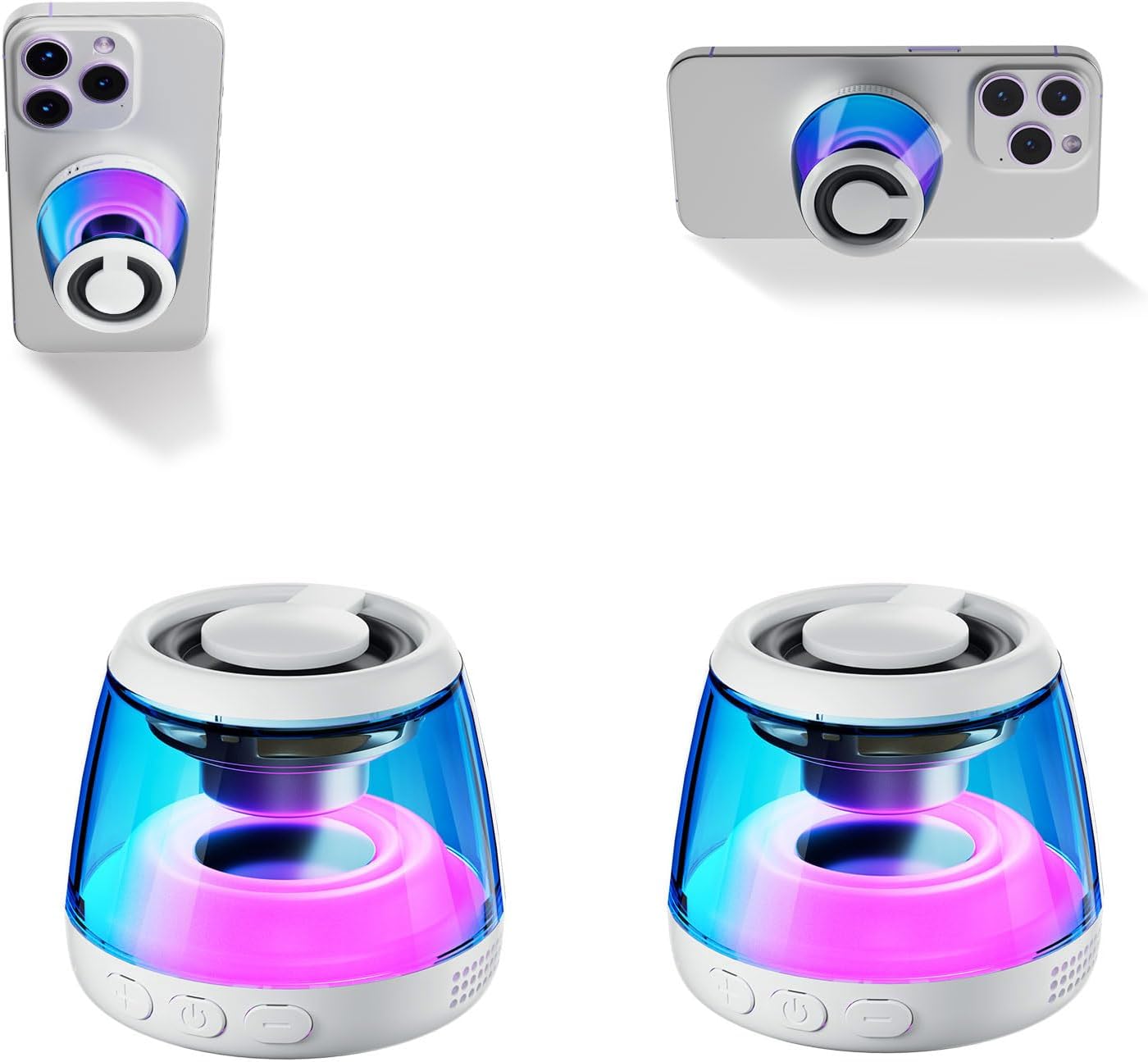 Magnetic Bluetooth Speaker,Wireless Induction Bluetooth Speaker,Mini Portable Cell Phone Stand for Iphone,Lanyard & RGB Night Light,Or Home,Outdoors,Pool,Birthday Gift (White-1Pcs)