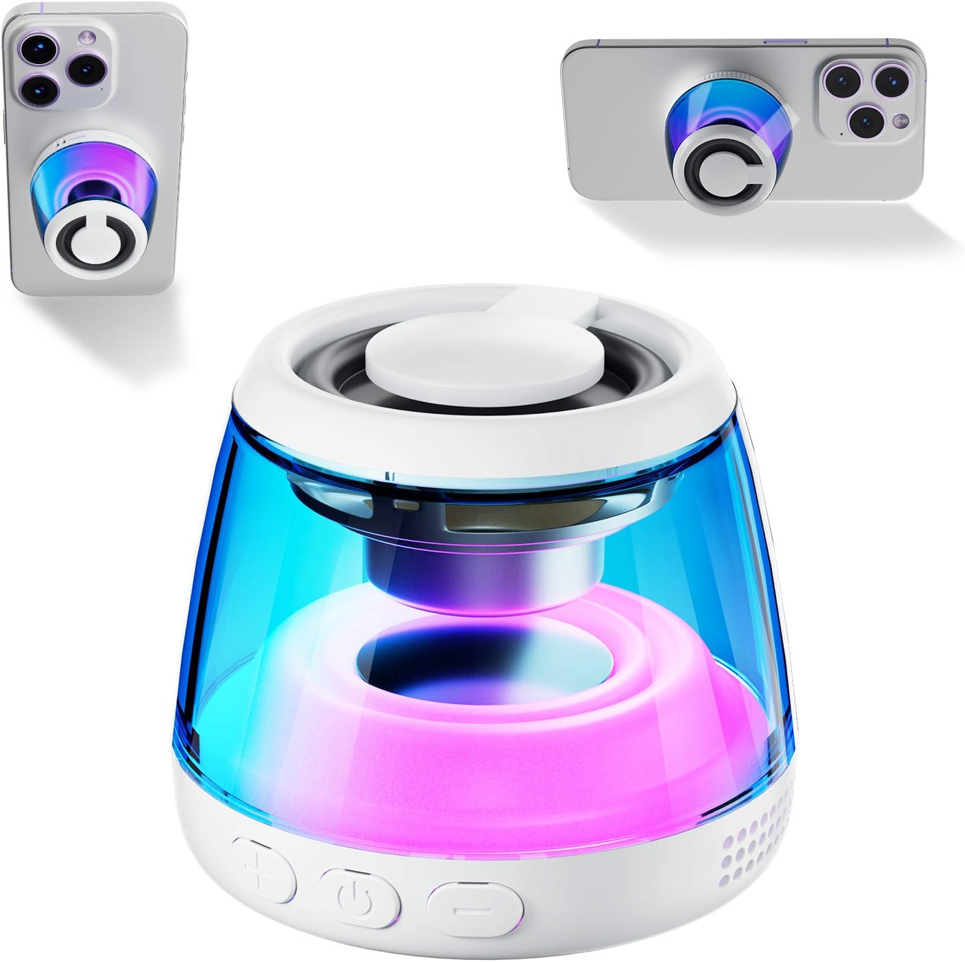 Magnetic Bluetooth Speaker,Wireless Induction Bluetooth Speaker,Mini Portable Cell Phone Stand for Iphone,Lanyard & RGB Night Light,Or Home,Outdoors,Pool,Birthday Gift (White-1Pcs)