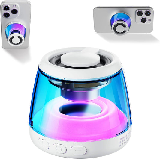 Magnetic Bluetooth Speaker,Wireless Induction Bluetooth Speaker,Mini Portable Cell Phone Stand for Iphone,Lanyard & RGB Night Light,Or Home,Outdoors,Pool,Birthday Gift (White-1Pcs)