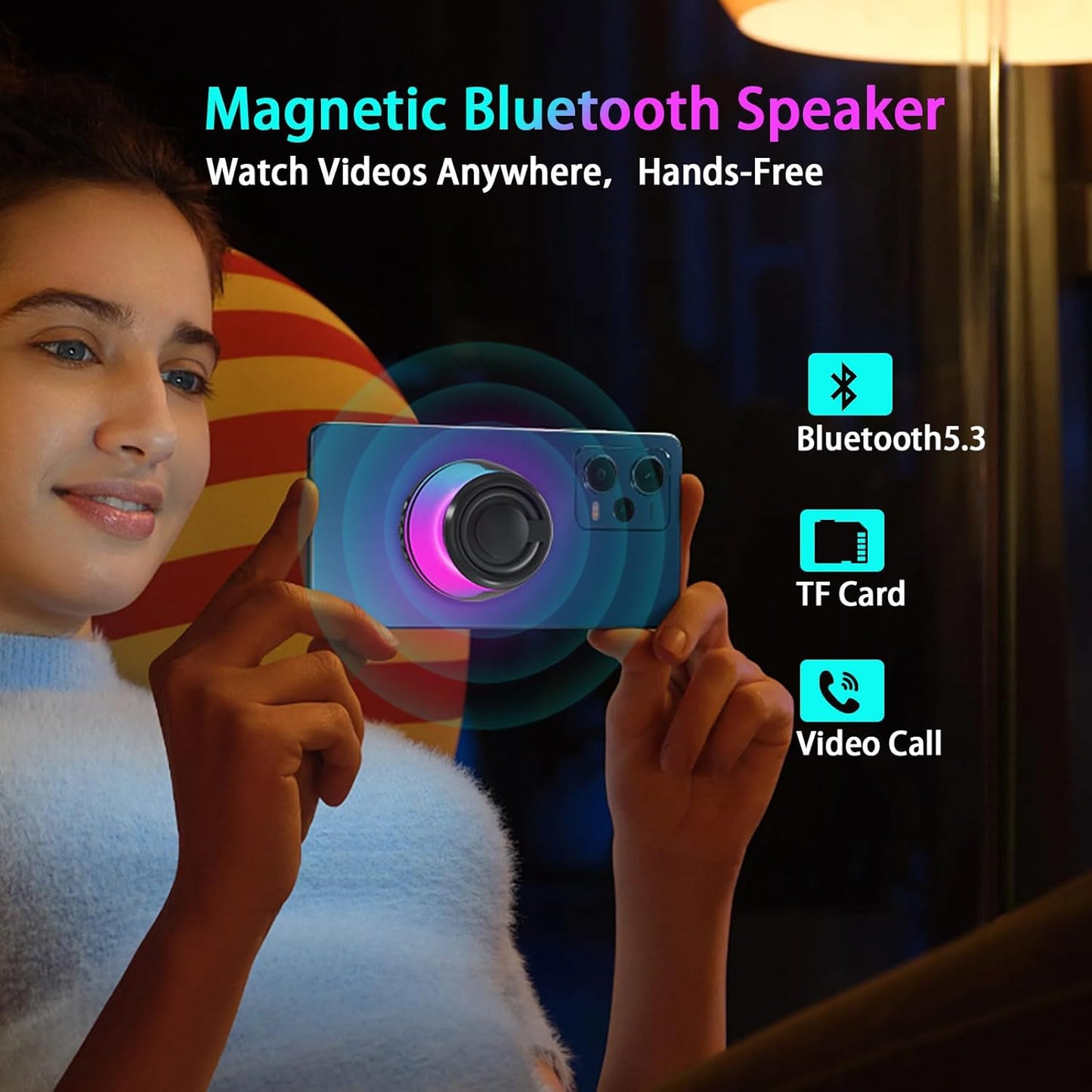 Magnetic Bluetooth Speaker,Wireless Induction Bluetooth Speaker,Mini Portable Cell Phone Stand for Iphone,Lanyard & RGB Night Light,Or Home,Outdoors,Pool,Birthday Gift (White-1Pcs)