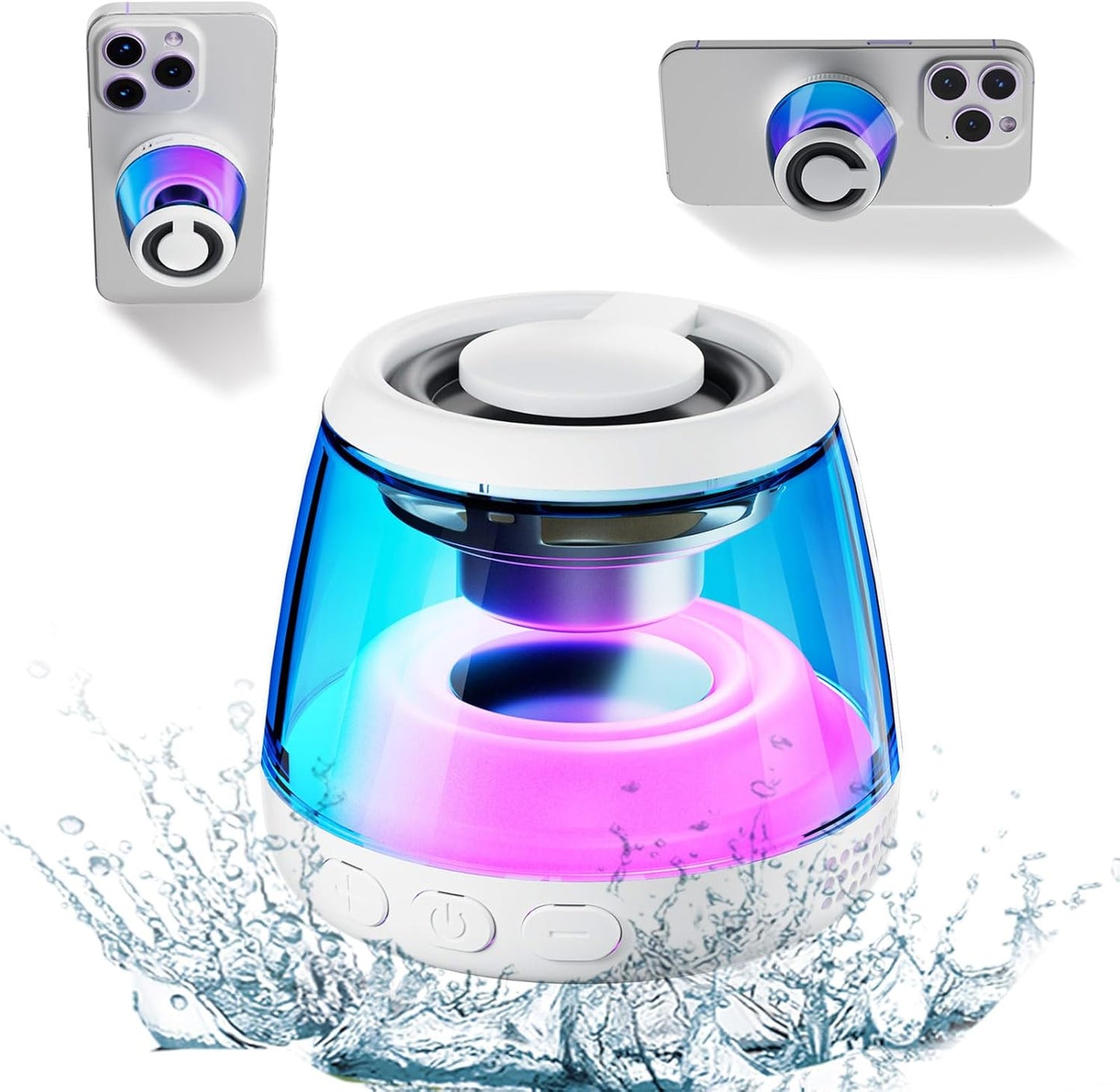 Magnetic Bluetooth Speaker,Wireless Induction Bluetooth Speaker,Mini Portable Cell Phone Stand for Iphone,Lanyard & RGB Night Light,Or Home,Outdoors,Pool,Birthday Gift (White-1Pcs)